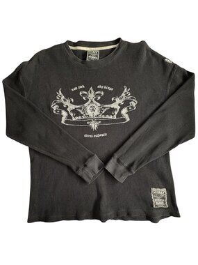 Y2k Grunge Avirex Thermal Shirt Dilver Fleur de Lis Graphic Waffle Knit Large